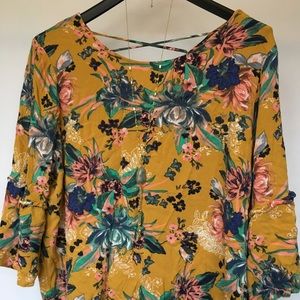 Mustard Bell Sleeve Floral Print Blouse